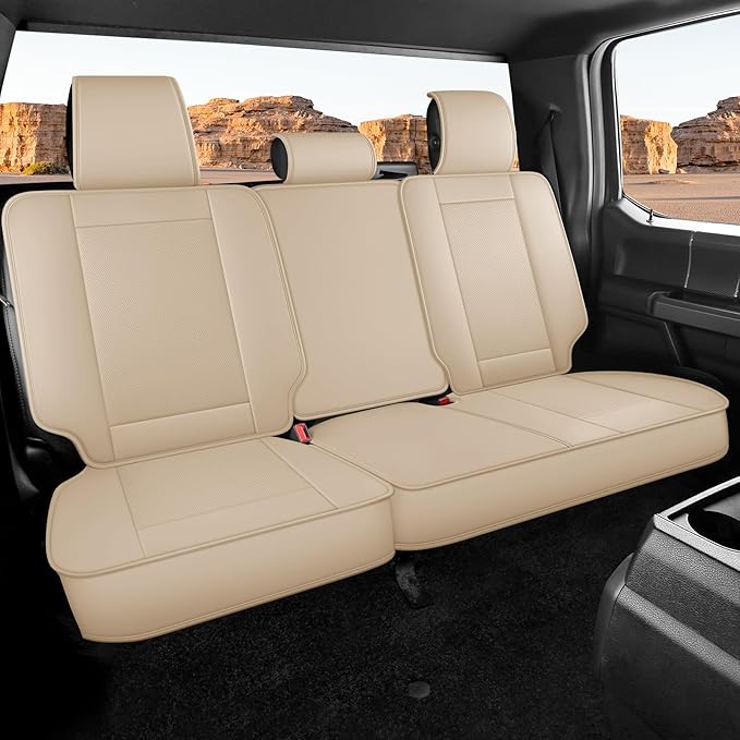 EQUIDEVDY Seat Covers for Chevy Silverado GMC Sierra,2007-2025 1500/2500/3500HD Crew,Double,Extended Cab Truck Breathable & Waterproof Faux Leather Seat Covers(Beige Full Set)