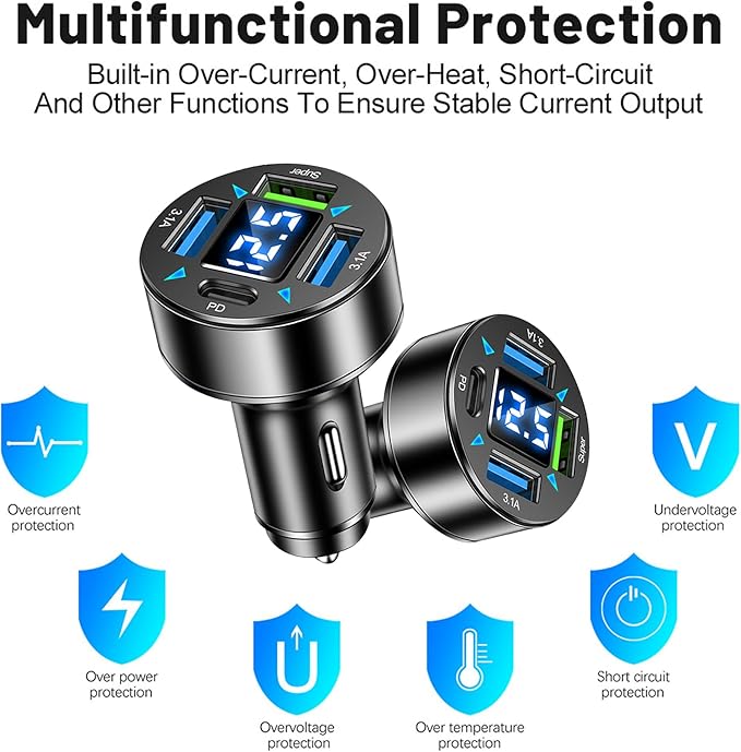 Fast Car Charger,4 Ports Cigarette Lighter USB Charger with LED Voltmeter,PD3.1/Super Port Car Charger Adapter Fast Charging,Compatible with iPhone/Android/Samsung Galaxy (PD/Super)