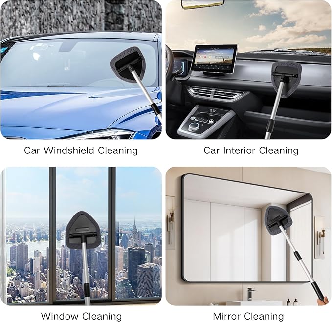 10pcs Windshield Cleaner Tool, Car Window Cleaning Wash Kit with 4 Reusable Microfiber Pads 1 Spray Bottle and Extendable Handle Auto Glass Wiper Kit, Gray