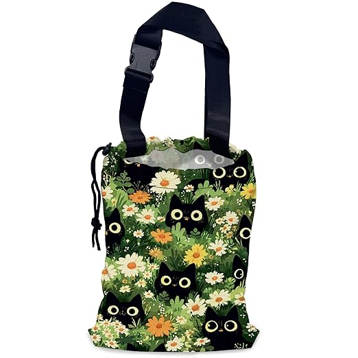 Car Trash Bag Black Cat Among Flowers Car Trash Bin Leakproof Waterproof Car Trash Can for Back Seat, Foldable Car Garbage Bag with Adjustable Straps and Drawstring for Car Accessories