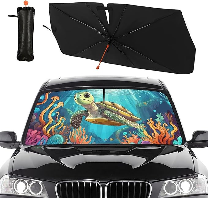DOPINDU Turtle Car Windshield Sun Shade Umbrella Bendable Handle Foldable Funny Sunshade for Car Windshield Block UV Rays Keep Vehicle Cool for Most Sedans SUV Trucks Cars 57"x30"