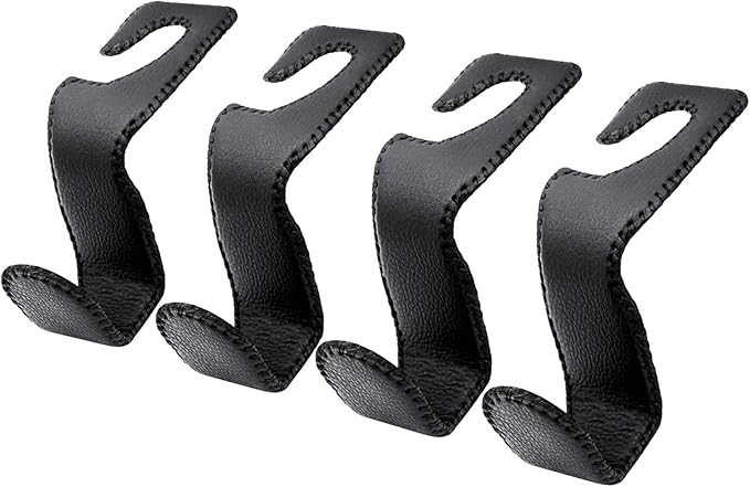 Seat Hooks for Purses and Bags, 4 Pack Car Purse Holder for Grocery Bag Handbag Clothes, Metal Headrest Hooks Covered by Leather, Black