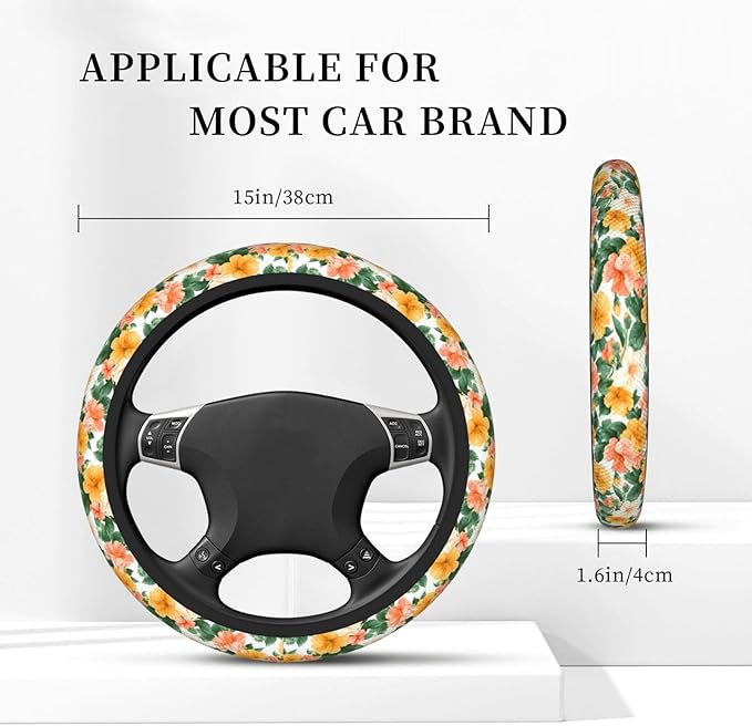 Pastel Peach Yellow Flowers Steering Wheel Cover for Women Men Girls, Accessories Decor Thickened Anti-Slip Auto Steering Wheel Covers Protector Universal Fit 15 Inch for Cars, Truck, SUV