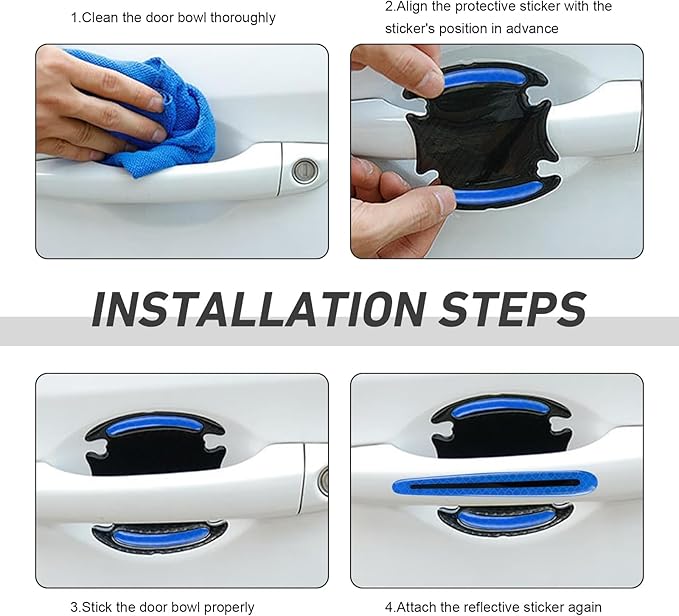 WZP 8PCS Car Door Handle Scratch Protectors, 3D Carbon Fiber Door Handle Scratch Protector Cover, Anti-Scratches Safety Reflective Strips, Universal Car Exterior Accessories for Most Vehicles (Blue)