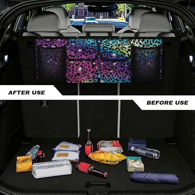 Car Trunk Organizer, Universal Car Organizers and Storage Backseat Car Organizer for SUV/Truck/MPV, Reusable Space-Saving Hanging Car Organization with 4 Pocekts, Colorful Leopard Print