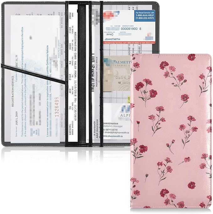 ALAZA Pink Flowers Floral Car Registration and Insurance Card Holder Vehicle Glove Box Car Organizer Driver License Documents Holder Waller Case Organizers