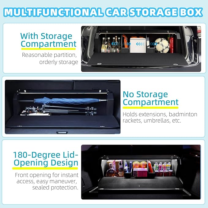 XCF Car Trunk Organizer, Leather Trunk Organizer with LED Light Car Storage Box with Lid and Push-pull Handle Organizer Trunk Storage for SUV, Trunk, Minivan (Black, 40.5 x 11.4 x 12.2in)