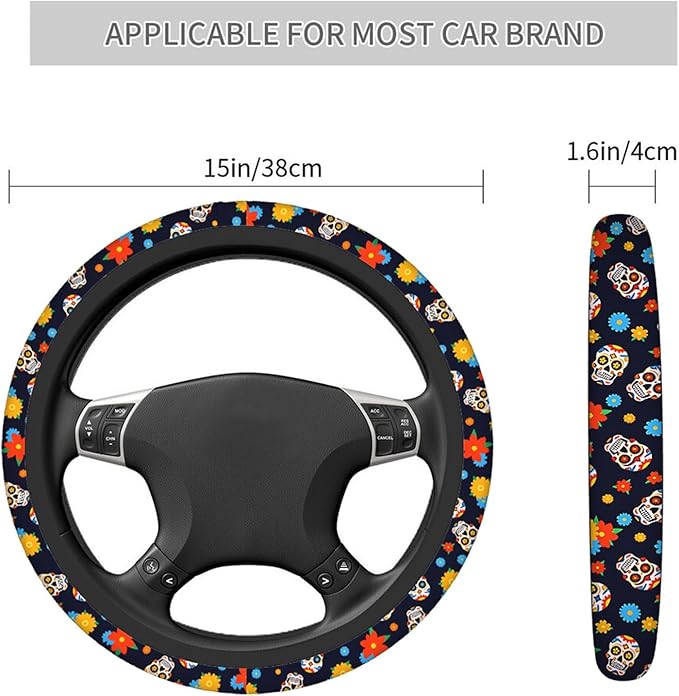 Swono Day of The Dead Sugar Skull Universal Neoprene Steering Wheel Cover Colorful Sugar Skull and Flower 15 Inch Steering Wheel Covers,Printed Steering Wheel Elastic Protection for Women and Girls