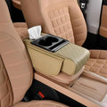 Multifunctional Pu Leather Car Armrest Box Mat, 5-in-1 Waterproof Car Armrest Organizer, Car Armrest Cushion Heightening Pad with Cup Holder, Tissue Boxes for Most Cars (Beige-A)