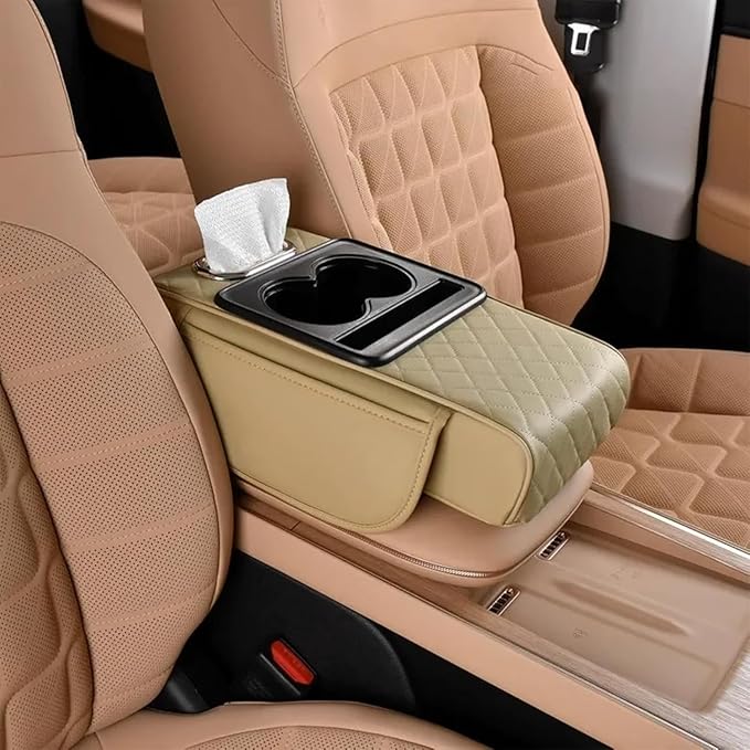 Multifunctional Pu Leather Car Armrest Box Mat, 5-in-1 Waterproof Car Armrest Organizer, Car Armrest Cushion Heightening Pad with Cup Holder, Tissue Boxes for Most Cars (Beige-A)
