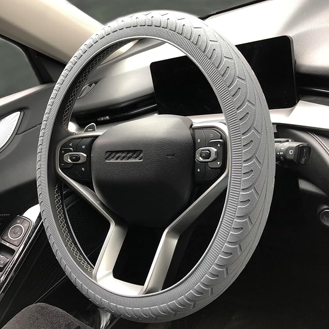Universal Gray Steering Wheel Cover：13.5 to 15 Inches Flexible Silicone Anti Slip Steering Wheel Protector Fit for Most Car Models Including Round D Shape or Special Shape