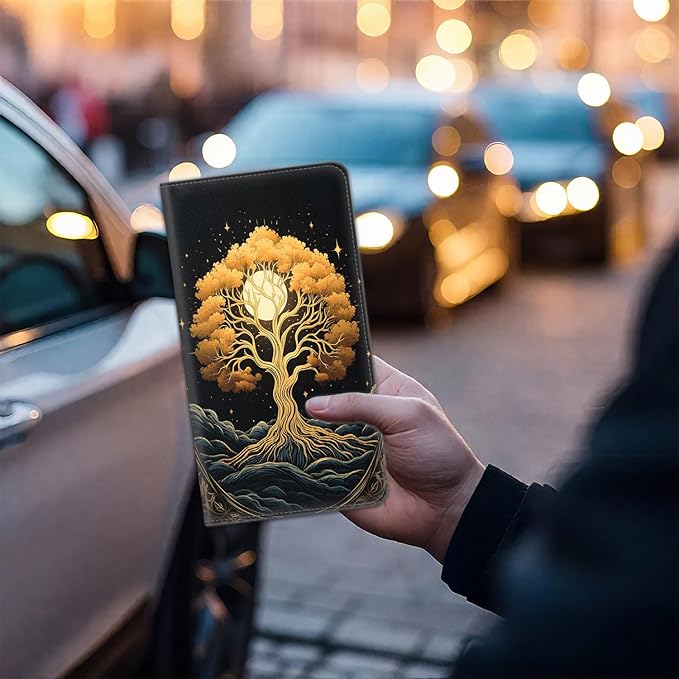 Car Document Holder with Magnetic Shut, Car Registration & Insurance Card Holder, Waterproof PU Leather Glove Box Organizer Vehicle Accessories Driver License for Women/Men, Tree of Life Pattern