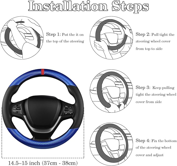 Black & Blue Carbon Fiber Leather Steering Wheel Cover, Microfiber Leather, Anti-Slip, Breathable, Universal Fit for 14.5–15 in Steering Wheel Cover for Men Women