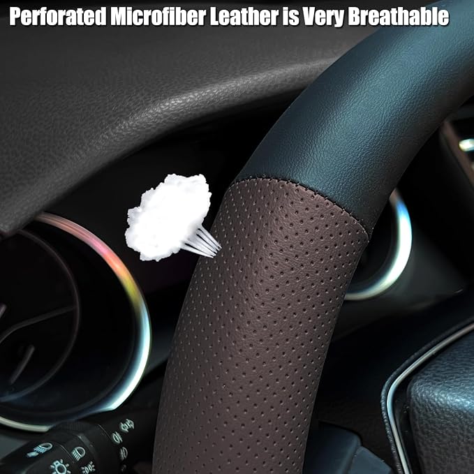 Mihecor Steering Wheel Cover Standard Size 14.5-15 inch, Non-Slip Car Wheel Cover Protector, Breathable Microfiber Leather, Black and Chocolate Brown