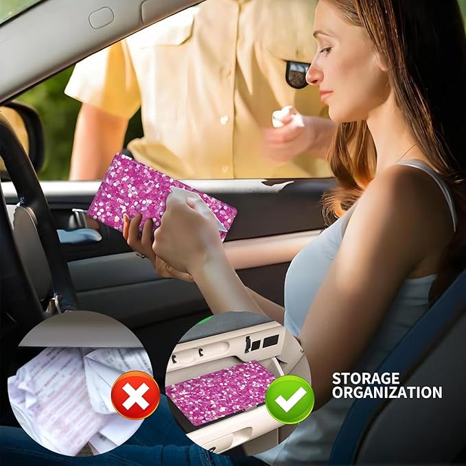 ADUQLZUX Leather Car Registration and Insurance Card Holder, Cute Car Accessories Vehicle Glove Box Car Organizer for Documents, Cards, License Glitter Purple Pattern