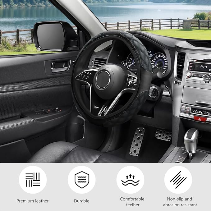 Car Steering Wheel Cover, 15 Inches Leather Steering Wheel Protector with Non-Slip Grip, Universal Wheel Covers Interior Decoration for Sedens Trucks SUVs, Car Accessories (Black)
