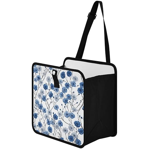Car Trash Can Organizer Bin with Adjustable Strap for Back Front Seat Console Waterproof Leakproof Collapsible Portable 8.66 Inch Chinese Blue White Cornflower