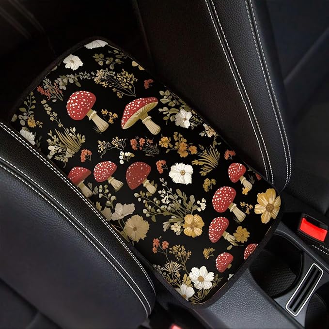 Vintage Mushroom Car Center Console Cover Soft Arm Rest Cover Car Easy to Install Cars Interior Automotive Universal Size Fit for Most Cars SUVs Trucks Vans