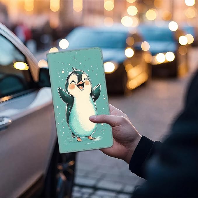 Car Registration and Insurance Card Holder for Women Men, Waterproof PU Leather Glove Box Car Organizer with Magnetic Shut, Vehicle Document Holder for Driver License,Cards, Cute Penguin Happy