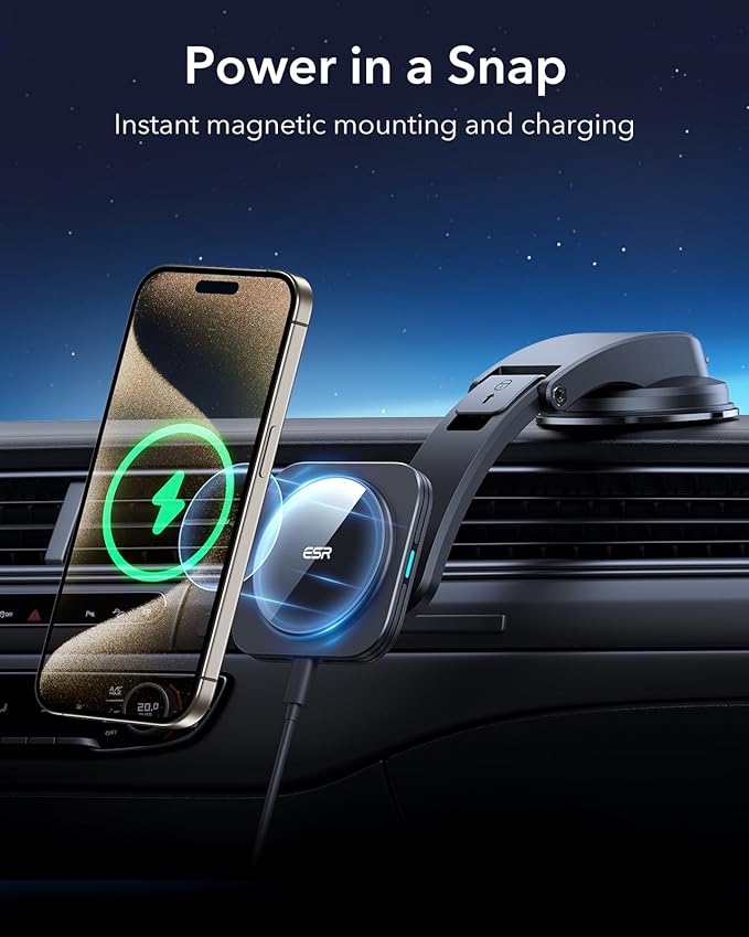 ESR for MagSafe Car Mount Charger, Dashboard Magnetic Wireless Car Charger Mount, Compatible with MagSafe Car Charger, for iPhone 17e/17/16/15/14/13/12, Galaxy S26/S25, Fast Charging, Car Accessories