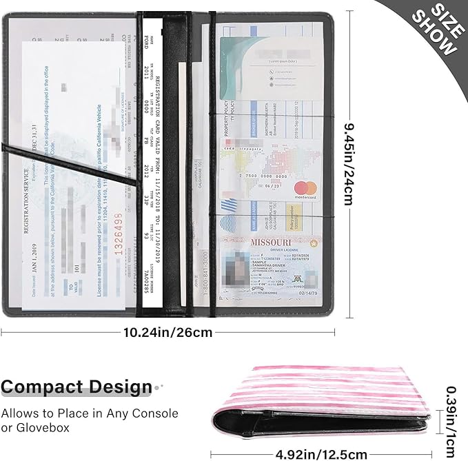 Qilmy Simple Solid Color Stripes Car Registration and Insurance Holder, Premium Pu Leather Vehicle Glove Box Organizer, Prefect Car Essentials Wallet for Driver License, Cards & Essential Documents789