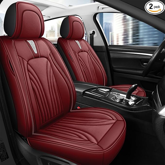 Car Seat Covers for 2 Seats - Nappa Leather 3D Foam Back Support, Super Breathable, All Season Car Seat Cushion with Storage Bags, Universal Fit for Most Cars, Colour- Burgundy