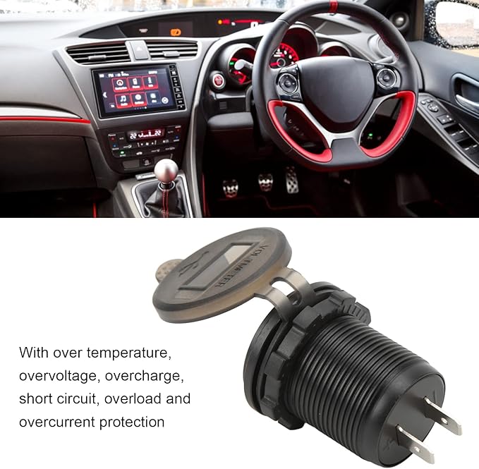 Car Charger Socket, USB Car Charger Adapter QCPD Fast Charging 12‑24V Waterproof Voltage Display Universal for Motorcycles Motorhomes Yachts