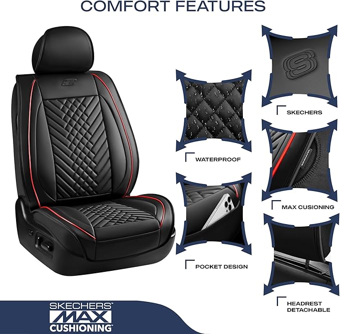 Skechers MAX Cushioning Car Seat Covers,Memory Foam Piping Leather Seat Covers,Waterproof Car Seat Protector Full Set,Car Seat Cushion Airbag Universal Fit for Most Cars,Vans,Trucks,SUV,Red