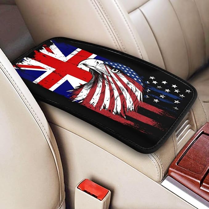 Car Armrest Cover America and Britain British Flag Eagle Armrest Seat Handrail Box Cover Auto Center Console Pad Cushion Universal Decoration Protector Accessories