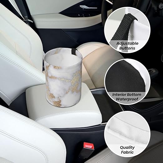 Modern Chic White Gold foil Marble Car Trash Can Leak Proof Hanging Waterproof Garbage Can Multipurpose Trash Bin for Car SUV Front Seat Headrest Collapsible and Portable Storage Pocket