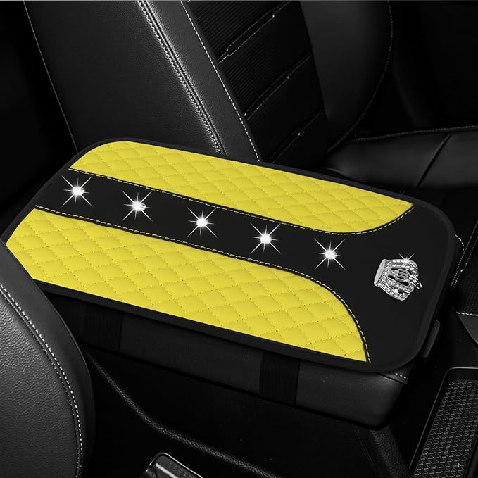 Bling Crown Car Center Console Cover, 12.7"×7.7" Armrest Cover for Cars, Waterproof Leather Arm Rest Box Pad Cushion, Universal Middle Console Cover Protector, Car Accessories (Yellow)