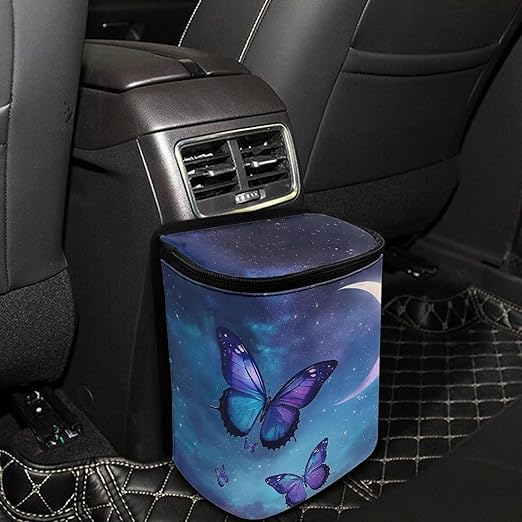 Talayituse Butterfly Moon Cloud Galaxy Print Car Trash Can with Lid, Leak Proof Auto Trash Bag Hanging Vehicle Garbage Can Multipurpose Storage Container for Back Seat Road Trip