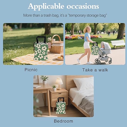 Green Groovy Flowers Car Garbage Bag,Small Car Trash Bag Hanging Back of Seat,Drawstring Car Trash Bag with Adjustable Buckle,Car Accessories for Camping Travelling