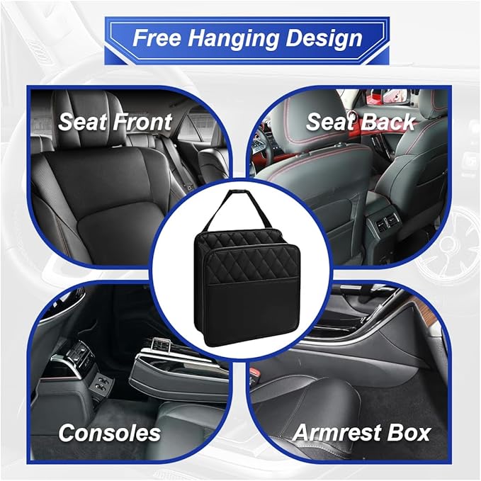 Car Back Seat Organizer, Waterproof Leather Automotive Backseat Hanging Bag with Cup Holders, Large Capacity Car Trash Can, Vehicle Travel Accessories for Most Vehicles (1PC/Black)