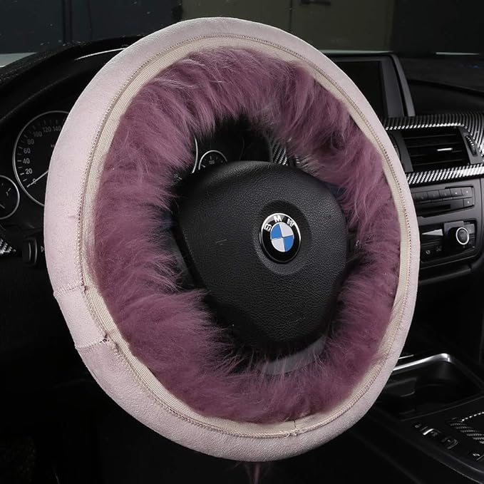 3Pcs Set Fashion Fluffy Fuzzy Wool Fur Soft Car Steering Wheel Cover with Handbrake Cover & Gear Shift Cover for Women/Girls/Ladies Auto Long Wool Accessories, Pink