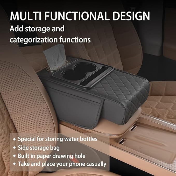 HZEL Car Center Console Cover, Leather Vehicle Armrest Cushion with Storage Bags, Cup Holder ＆ Tissue Box, Waterproof Auto Interior Arm Rest Seat Box Pad, Universal Fit (Gray)