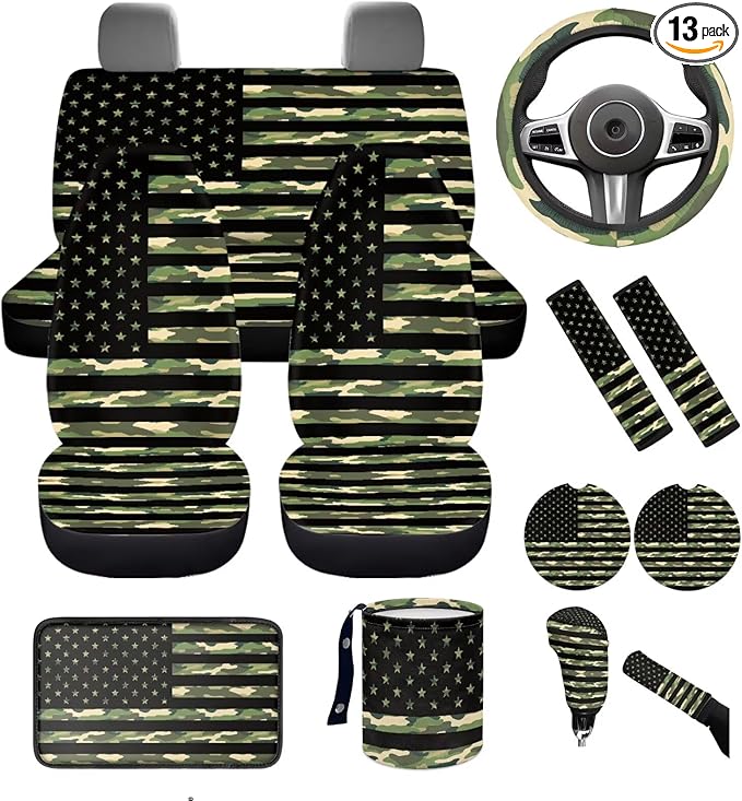 Dngkaoje Camo American Flags Car Seat Covers Full Set 13 Pcs 4th of July Decorations Car Accessories Set with Hanging Trash Can,Seatbelt Pads,Steering Wheel Covers,Fit for Most Truck SUV