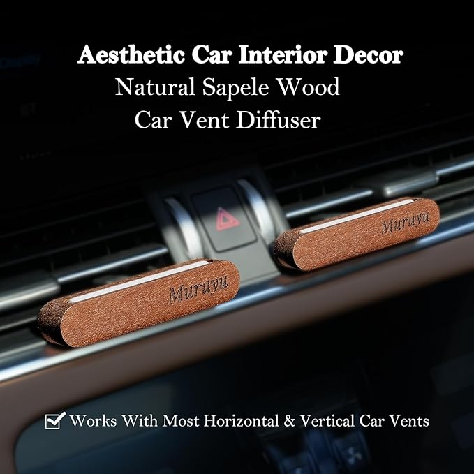 Muruyu [2-Pack] Natural Sapele Wood Car Diffuser with Vent Clip, Refillable Car Air Freshener for your own Essential Oils (No Oils Included), Premium Auto Interior Accessories