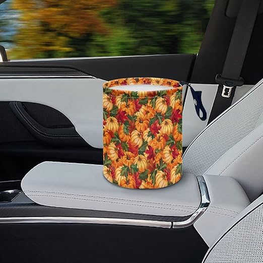Maple Leaves Pumpkins Trash Can for Car Auto Garbage Can for Back Seat Leak Proof with Adjustable Buttons Car Accessories for Women Interior