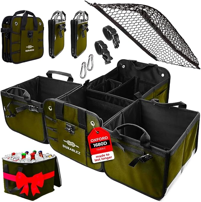 DURABLEZ 5-Section Extra Large Trunk Organizer – Heavy Duty 1680D Oxford, Collapsible & Foldable Car Cargo Organizer, Modular Multi-Shape Storage System for SUV, Truck, Van – Military Green