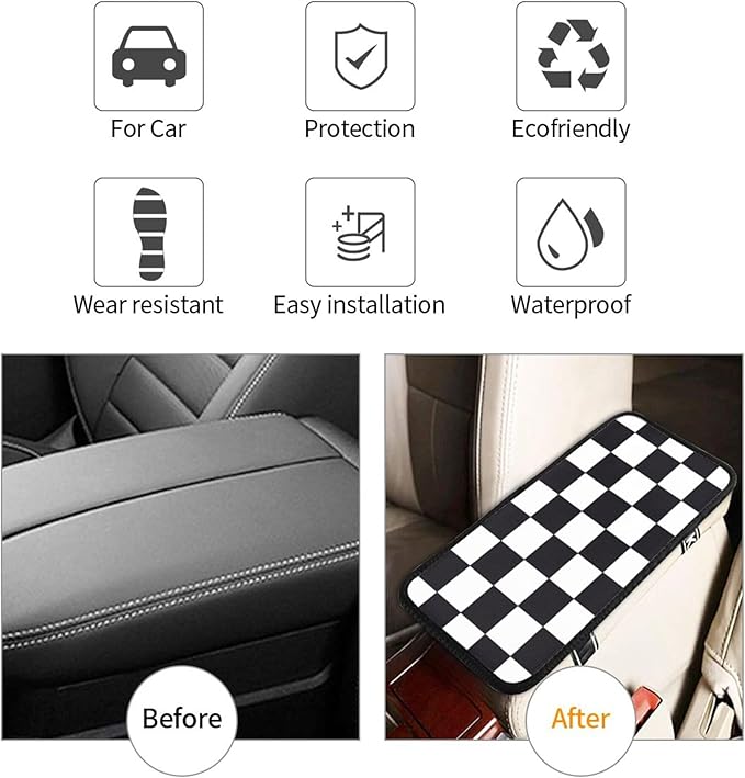 THOEWONG Black White Race Checkered Flag Calibration Chess Grid Auto Center Console Cover Pad Car Armrest Seat Box Cover Cushion Universal for Most Vehicle SUV Truck Car Accessories Decor
