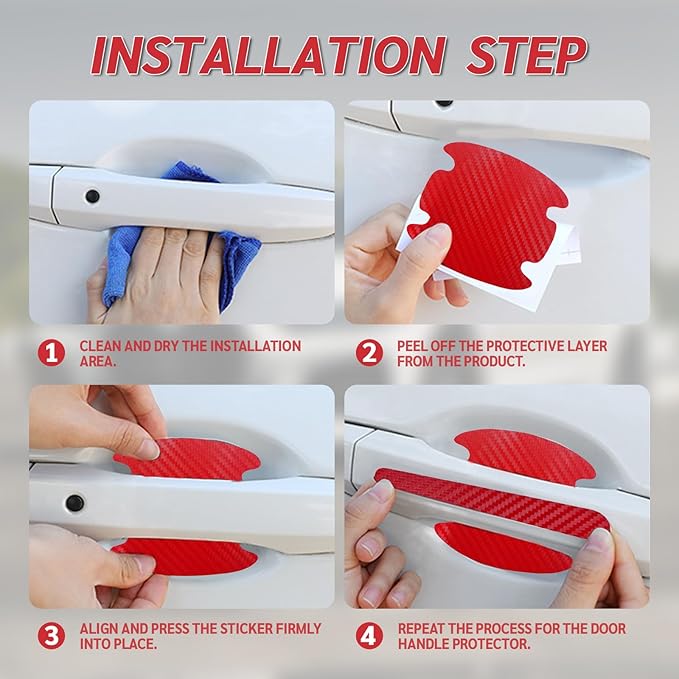 8PCS Carbon Fiber Car Door Handle Scratch Protectors, Universal Paint Guard Sticker for Door Handle Bowl, Fits Most Cars, Trucks, SUVs (Red)