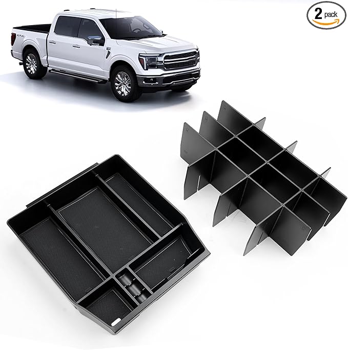 ELECFRESH 2PCS Center Console Organizer for 2024 2023 2022 2021 Ford F150 Accessories, Armrest Storage Box and 16-Compartments Divider for Ford F150 (Not fit for 2025 2026)