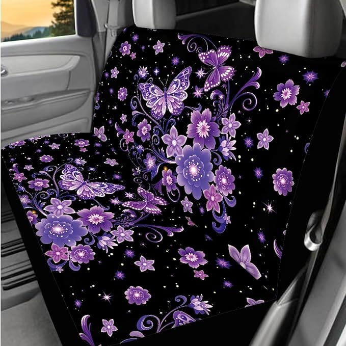 Dngkaoje Purple Butterfly Car Seat Covers Full Set 13 Pack Neon Purple Butterfly Car Accessories Set with Steering Wheel Covers,Universal Collapsible Garbage Bin,Cup Holders,Armrest Cushion Pad
