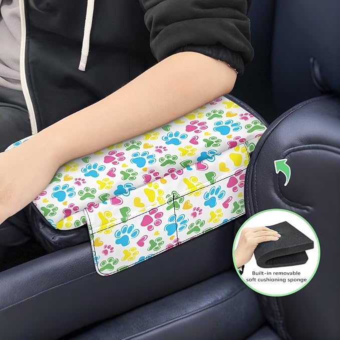 Dreaweet Colorful Dog Paw Arm Rest Cover for Car Women Thick Center Console Armrest Pad with Pockets Auto Accessories Interior Car Center Console Cushion Pad