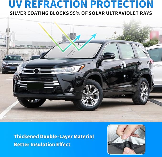 Thickened 2-Layer Front Windshield Sun Shade Compatible for Highlander XU80 2020-present, Foldable Custom Fit Sunshade Blocks 99% Heat, Keeps Car Interior Cool (for Highlander XU80 2020-present)