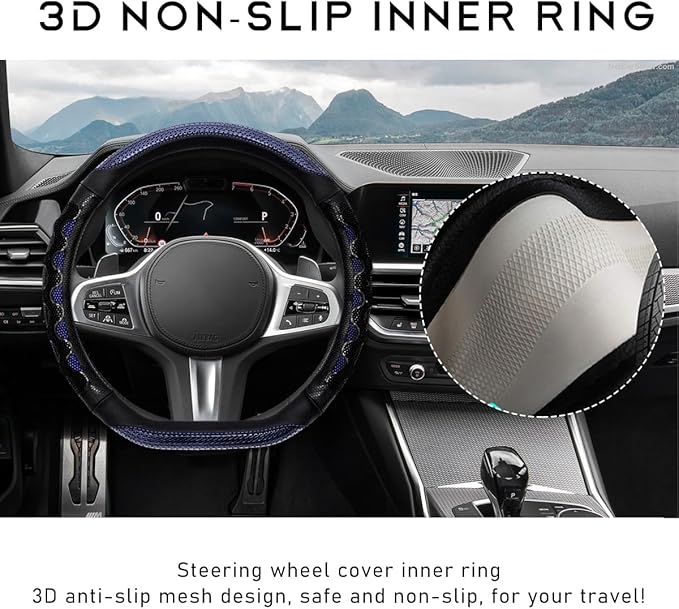 Car Steering Wheel Cover, 15 Inches 3D Honeycomb Design Car Steering Wheel Protector with Comfy Grip, Breathable Anti-Slip D-Shaped Steering Wheel Sleeve for Most Vehicles (Blue)