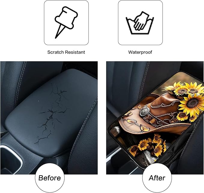 JANENFNA Car Armrest Cover Pads Universal Fashion Cute Auto Center Console Armrest Cover Pad with 2PCS Car Coasters Soft Waterproof Car Armrest Seat Protector for Women,Cowboy Hat Sunflowers-A