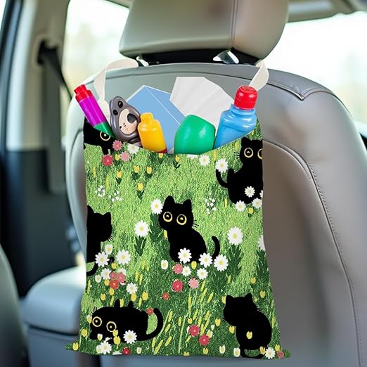Pykfrhh Black Cat Car Trash Bag, Car Trash Bag Hanging, Waterproof Cars Back Seat Hanging Organizer and Storage Trash Bags for Vehicle Travelling Camping
