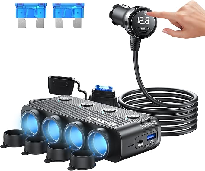 12V Car Heavy Duty Truck Cigarette Lighter Plug USB Charger Multi Port Car Plug Outlet Splitter with LED Voltage Display Independent Switches
